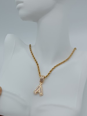 Lagül Aksesuar 316L Çelik Kararmaz Suya Dayanıklı Kalın Burgu Zincirli Gold Taşlı Harf Kolye B Harfi