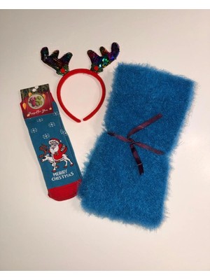 Hediye Seti- El Örgüsü Mavi Yumuşak Atkı , Çorap  ve Yılbaşı Tacı)