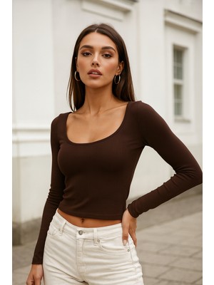 Rich Kadın Kahverengi Soft Touch Fitilli Uzun Kollu Bluz