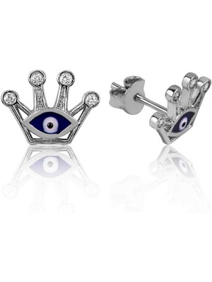 Costurera 925 Ayar Gümüş Nazarlı Kraliçe Tacı Çivili Küpe