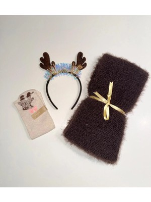 Hediye Seti / Özel Kutulu El Örgüsü  Kahverengi Yumuşak Atkı,  Çorap ve Yılbaşı Tacı