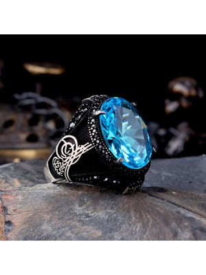 925 Ayar Gümüş Aqua Renk Zirkon Taşlı Tuğra Model Yüzük