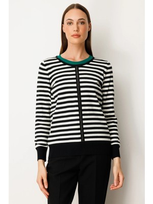 On Kadın Taş Detaylı Çizgili Kazak 65370 Yeşil