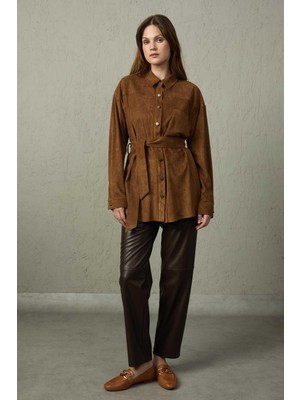 Mezzura Kadın Belden Bağlamalı Süet Tunik 1513 Kahverengi