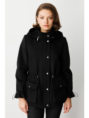 Ekol Kadın Kapüşonlu Kapak Cepli Kaşe Mont 6041 Siyah