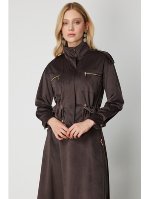 On Kadın Beli Büzgülü Dik Yaka Ceket 66532 Kahverengi