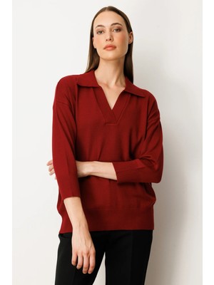 On Kadın Truvakar Kol Triko Kazak 65301 Bordo