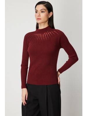 On Kadın Dik Yaka Tül Detaylı Triko Kazak 60384 Kırmızı