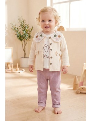 Babymod Kız Bebek Çocuk Hırkalı Çiçek Işlemeli %100 Pamuk 3'lü Takım Set