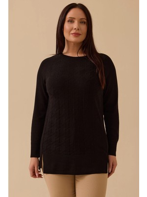 Galaxi Kadın Büyük Beden Örgü Desenli Triko 4011 Siyah