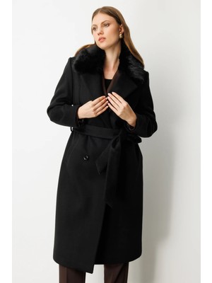 Ekol Kadın Büyük Beden Yakası Kürklü Beli Kuşaklı Kaban 6311 Siyah