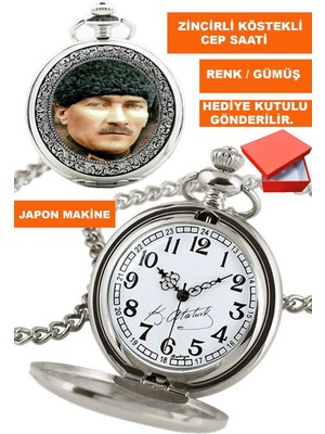  kemal atatürk görsel ve ımzalı gümüş renk zincirli köstekli cep saati acs-g8