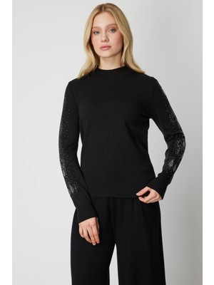 On Kadın Kolları Taş Işlemeli Triko Kazak 66345 Siyah