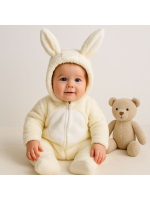 Aki Moda Kids Tavşan Kulaklı Welsoft Kapüşonlu Kışlık Unısex 0-12 Ay Tulum 1 Beden Büyük Alınız