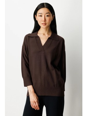 On Kadın Truvakar Kol Triko Kazak 65301 Kahverengi