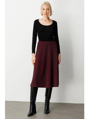 Ekol Kadın Beli Lastikli Volanlı Midi Etek 2023 Bordo