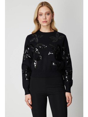 On Kadın Pullu Desenli Triko Kazak 60308 Siyah