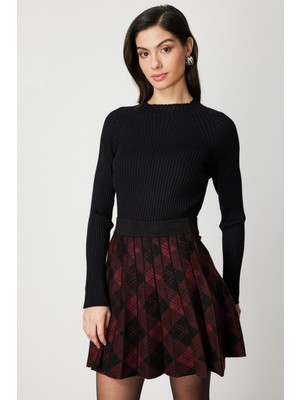On Kadın Dik Yaka Fitilli Triko Kazak 60357 Siyah