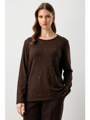 On Kadın Büyük Beden Inci Detaylı Triko Kazak 65371 Kahverengi