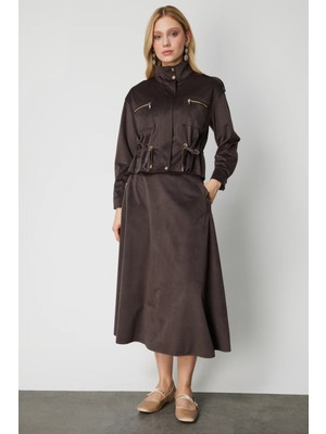 On Kadın Cebi Metal Aksesuarlı Midi Boy Etek 66533 Kahverengi