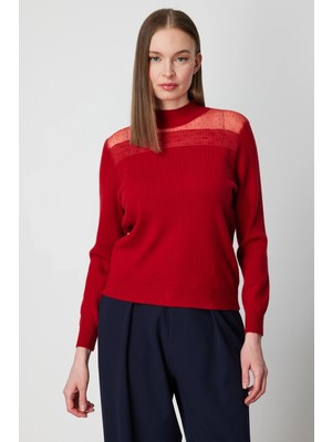 On Kadın Yakası Tül Detaylı Taşlı Triko Kazak 60343 Kırmızı