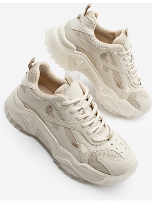 Marjin Kadın Sneaker Bağcıklı Spor Ayakkabı Pizen Bej Poliüretan Kalın Taban Termo