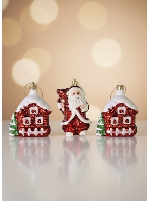 My Balli Store Yılbaşı Süsü 3'lü Noel Baba ve Ev Kırmızı 6 cm