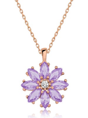 Costurera 925 Ayar Gümüş Rose Lila Çiçek Kadın Gümüş Kolye