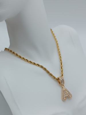 Lagül Aksesuar 316L Çelik Kararmaz Suya Dayanıklı Kalın Burgu Zincirli Gold Taşlı Harf Kolye N Harfi