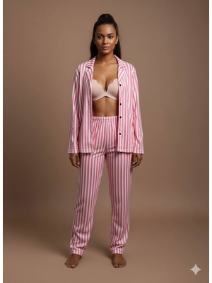 İnspira Kadın Düğmeli Ince Pembe Çizgili Pijama Takımı