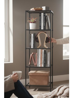 Modern 5 Katlı Siyah Renk Metal Iskeletli Şeffaf Cam Raflı Kitaplık Aksesuar Rafı