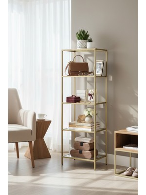 Modern 5 Katlı Gold Renk Metal Iskeletli Şeffaf Cam Raflı Kitaplık Aksesuar Rafı