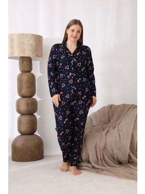 Seboteks Boydan Düğmeli Yılbaşı Temalı Süet Kumaş Büyük Beden Kadın Pijama Takımı 515