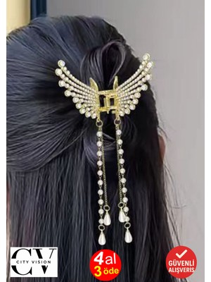Taşlı ve Incili Kelebek Tasarım Mandal Saç Tokası 6 cm