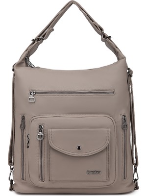 Hüvendo Barcelona Çok Cepli Günlük  Ayarlanabilir Askılı Büyük Boy Kadın Omuz ve Sırt Çantası Açık Vizon