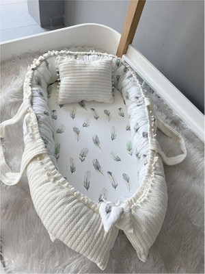 Organik Örgü Kumaş Lüks Babynest Anne Yanı Yatak, Tüy Desenli