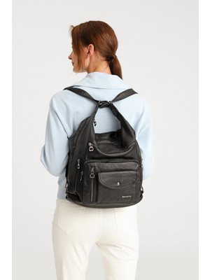 Hüvendo Barcelona Çok Cepli Günlük  Ayarlanabilir Askılı Büyük Boy Kadın Omuz ve Sırt Çantası Siyah