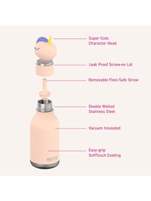 Asobu Unicorn Bestie Paslanmaz Çelik Matara – ~460 ml / Sevimli Unicorn Başlıklı Çocuk Su Şişesi