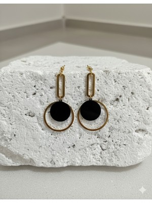 Çelik Takı Modern Siyah & Altın Rengi Geometrik Çelik Sallantılı Küpeler