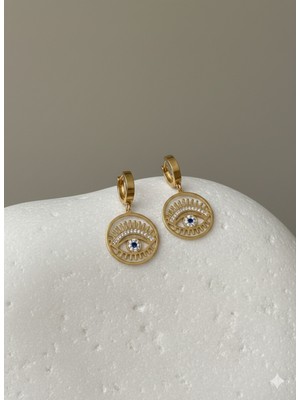 Çelik Takı Zırkon Taşlı Göz Detaylı Sallantılı Çelık Halka Küpe