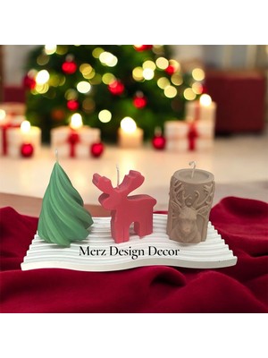 Merz Design Decor Dekoratif Çizgi Tabakta Sarmal, Silindir Geyik ve Tekli Ren Geyiği Yılbaşı Vegan Soya Wax Mum Seti