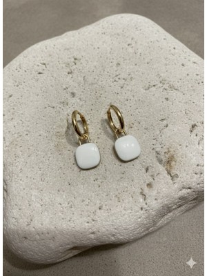 Çelik Takı Minimalist Kare Beyaz /taş Detaylı Altın Kaplama Halka Küpe