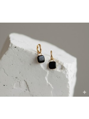 Çelik Takı Siyah Mineli Kare Kesim Sallantılı Çelik Halka Küpe