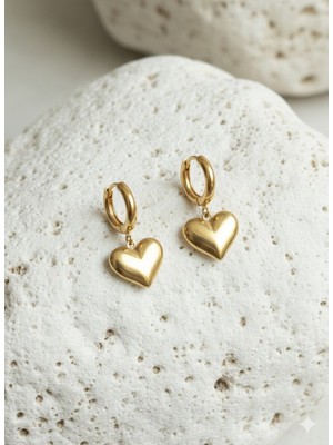 Çelik Takı Kalp Charm'lı Chic Gold Halka Küpe