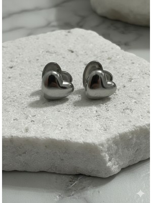 Çelik Takı Kadın Çift Taraflı Kapaklı Kalp Şeklinde Gümüş Renk Kararmaz Paslanmaz Çelik Küpe Günlük Kullanım