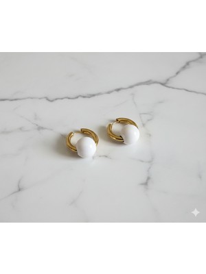 Çelik Takı Gold Halka ve Beyaz Top Çelik Küpe