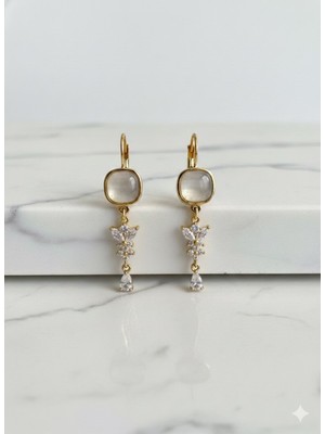 Çelik Takı Zirkon Taşlı Mineli Çiçek Detaylı Sallantılı Çelik Küpe