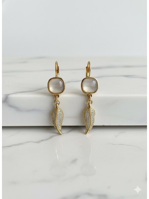 Çelik Takı Zirkon Taşlı Mineli Kuş Tüyü Detaylı Sallantılı Çelik Küpe