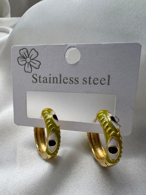 Çelik Takı Yeşil Göz Detaylı Mineli Çelik Küpe