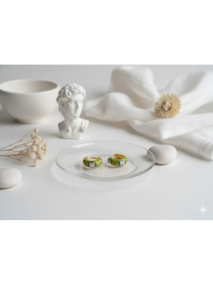 Çelik Takı Yeşil Pembe Çiçekli Mineli Çelik Küpe